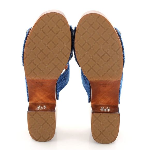 Chanel Women's Chain Platform Slide Sandals Tweed and Wood Blue, Brown - Picture 4 of 4